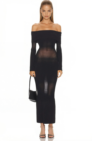 VESTIDO MIDI/MAXI DE MALLA CON HOMBROS DESCUBIERTOS GALATEA – NEGRO