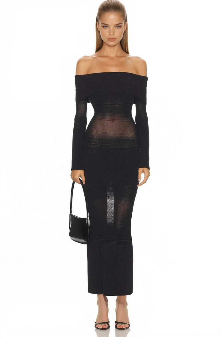 VESTIDO MIDI/MAXI DE MALLA CON HOMBROS DESCUBIERTOS GALATEA – NEGRO