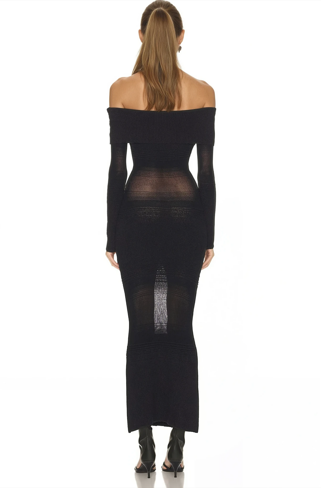 VESTIDO MIDI/MAXI DE MALLA CON HOMBROS DESCUBIERTOS GALATEA – NEGRO