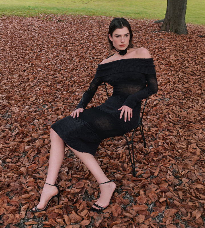 VESTIDO MIDI/MAXI DE MALLA CON HOMBROS DESCUBIERTOS GALATEA – NEGRO